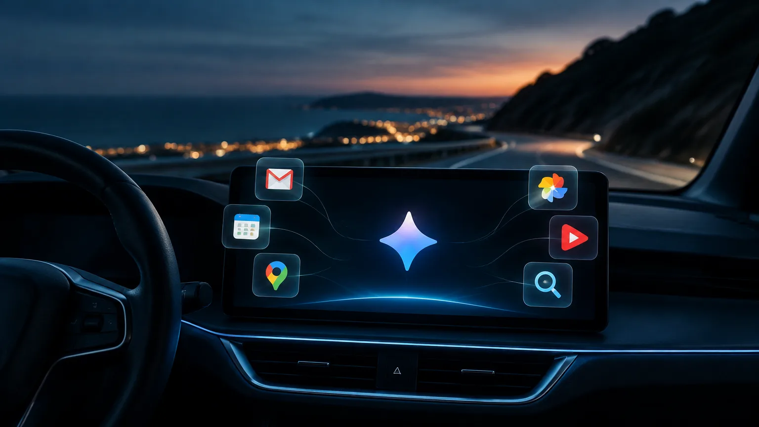 Ilustración editorial sobre Google lleva Gemini al coche y le da acceso a Gmail, Calendar, Maps y otras apps