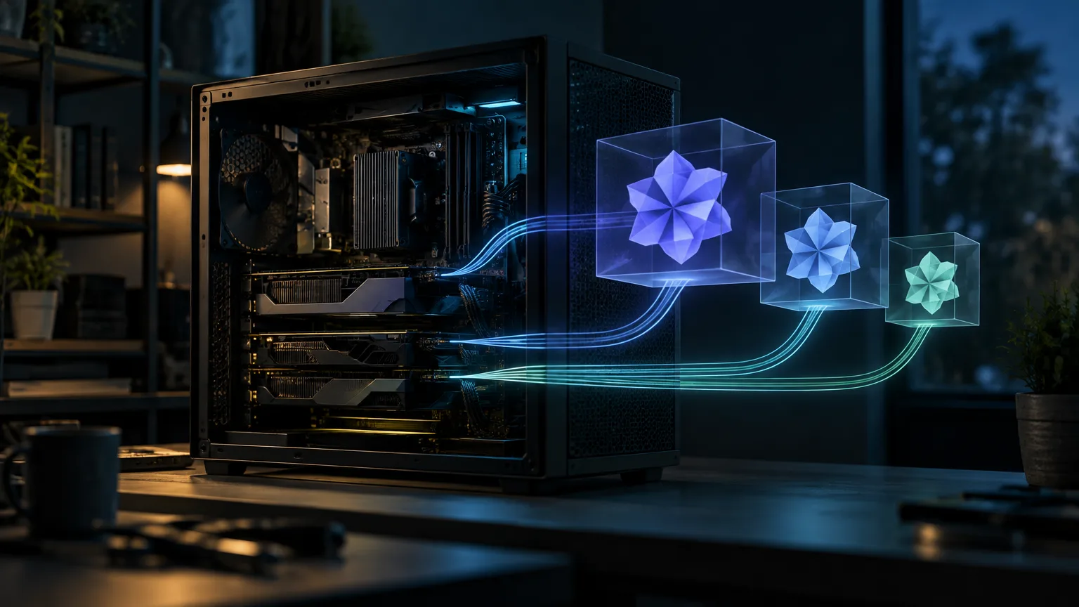 Ilustración editorial sobre Un equipo doméstico con PCIe x1 logra ejecutar tres modelos Qwen a la vez sin romper Vulkan