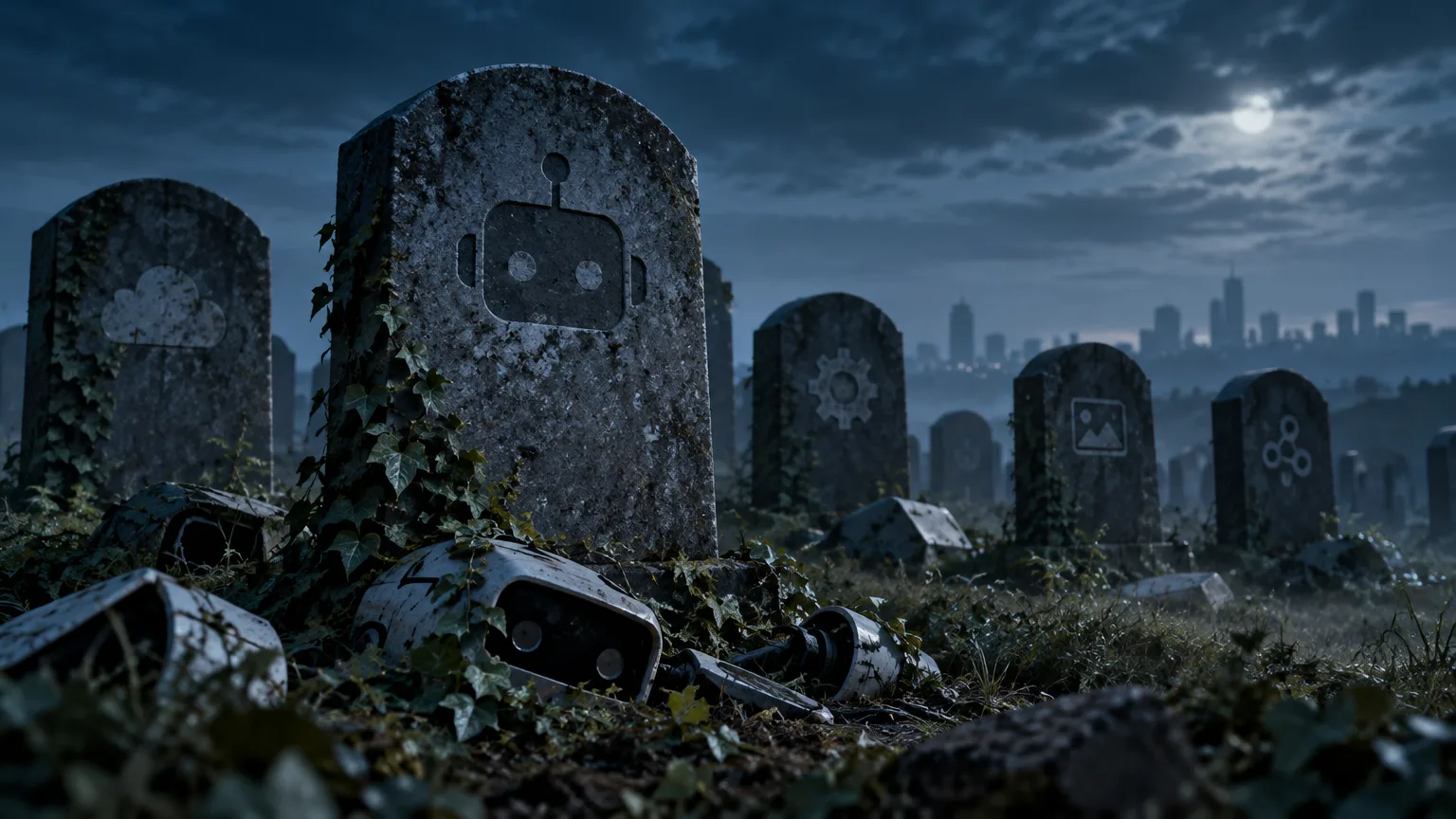 Ilustración editorial sobre El cementerio de la IA: proyectos y startups que no han cumplido lo prometido