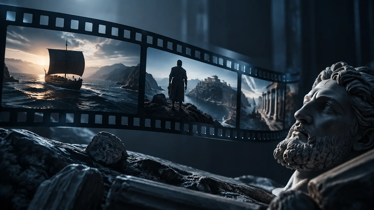 Ilustración editorial sobre Grok publica siete minutos de su película generada con IA *Odyssey*